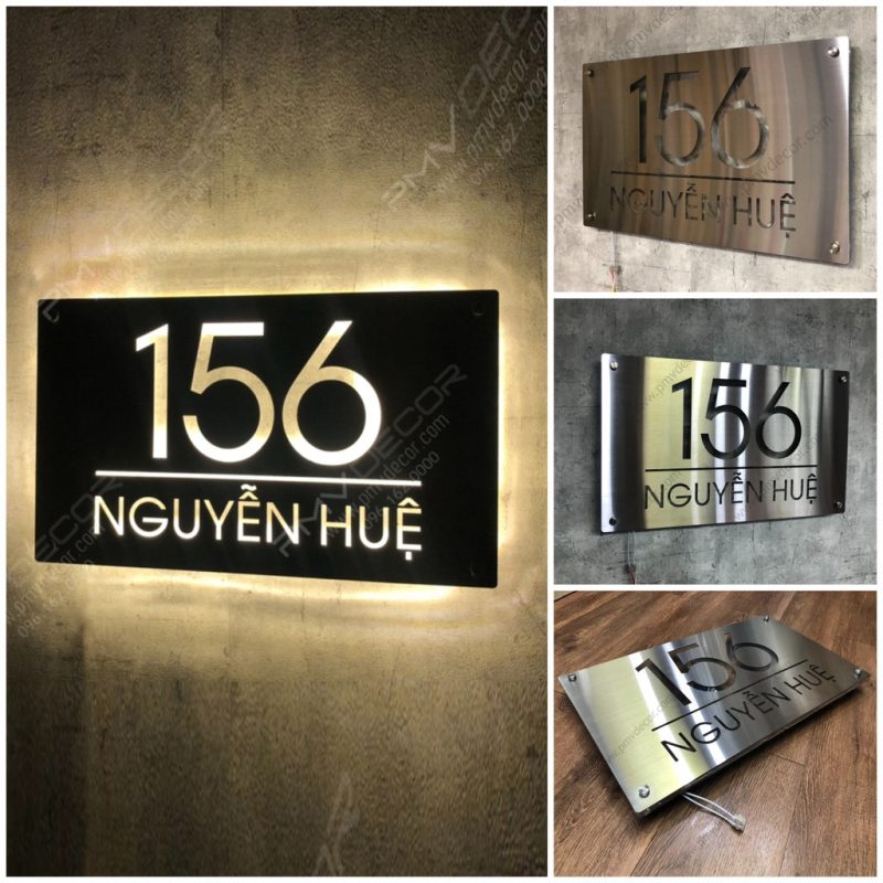 BẢNG, BIỂN SỐ NHÀ. Inox + Mica , có đèn led hắt sáng chân, chi tiết ...