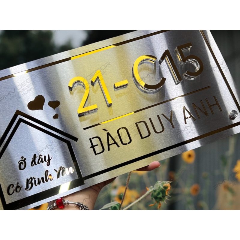 BẢNG, BIỂN SỐ NHÀ. Inox 304 xước trắng, nội dung inox vàng, số nổi ...
