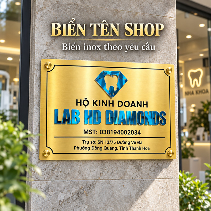 Biển tên shop inox vàng xước chữ nổi thiết kế theo yêu cầu BCT-PMV503