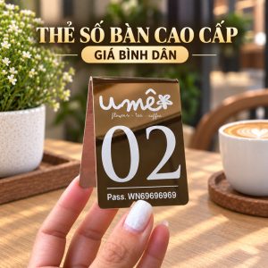 THẺ SỐ BÀN INOX, KT: 5*7cm, Số bàn inox 304 gương hồng gập chữ A, Nội dung khắc laser theo yêu cầu. TSB-PMV500