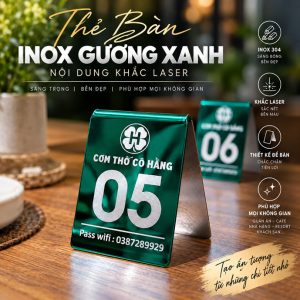 THẺ SỐ BÀN INOX, KT: 5*7cm, Số bàn inox 304 gương xanh gập chữ A, Nội dung khắc laser theo yêu cầu. TSB-PMV506
