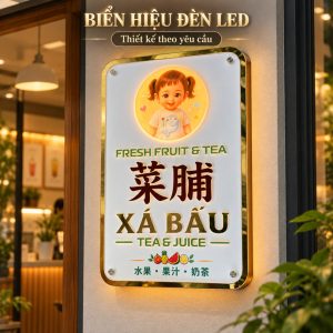 BIỂN TÊN SHOP, Bảng tên shop đế mica cháo + dẫn sáng, Mặt biển mica trắng sần, nội dung chữ nổi có đèn LED. BCT-PMV501