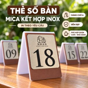 THẺ SỐ BÀN MICA INOX, Mica gập chữ A kết hợp inox, in logo số bàn theo yêu cầu. TSB-PMV509