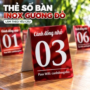THẺ SỐ BÀN INOX GƯƠNG ĐỎ, Bảng số bàn để bàn cao cấp, thiết kế theo yêu cầu. TSB-PMV510