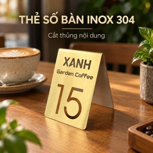 THẺ SỐ BÀN INOX, inox 304 xước vàng, Nội dung âm bản nhìn xuyên, size 5*7cm, chữ A tự đứng, Độ bền cực cao. TSB-PMV505