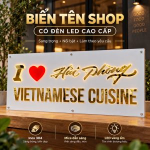 BIỂN TÊN SHOP, Bảng tên công ty, tên shop, Mica cháo + dẫn sáng kết hợp inox, nội dung nổi có đèn LED. BCT-PMV502