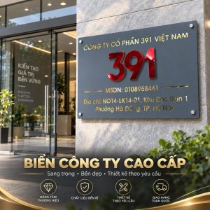 BIỂN CÔNG TY, Bảng công ty đế inox, mặt mica ghi sần, Nội dung nổi mặt inox theo màu + âm bản inox. BCT-PMV500
