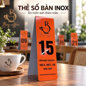THẺ SỐ BÀN INOX, Thẻ bàn inox ăn mòn sơn theo màu, Bẻ chân chữ A tự đứng. TSB-PMV503