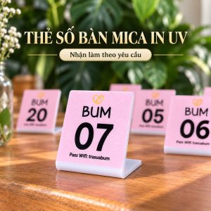 THẺ SỐ BÀN MICA, Số bàn mica in UV, bẻ chân chữ L tự đứng, KT mặt thẻ 5*5cm. TSB-PMV502