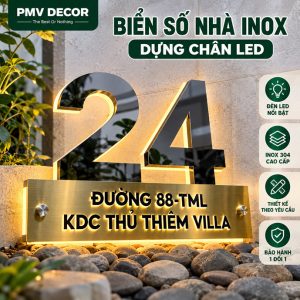 BIỂN SỐ NHÀ INOX DỰNG CHÂN CÓ LED, Đế mica cháo dẫn sáng, thiết kế theo yêu cầu. BSN-PMV515