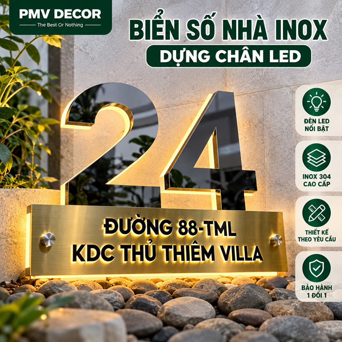Biển số nhà inox dựng chân kết hợp mica dẫn sáng BSN-PMV515