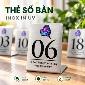 THẺ SỐ BÀN INOX IN UV, Bảng số bàn inox xước chân chữ L 5x7cm, thiết kế theo yêu cầu. TSB-PMV513