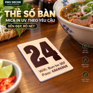 THẺ SỐ BÀN MICA IN UV, Số bàn 5x7cm, in số bàn và Wifi theo yêu cầu. TSB-PMV514